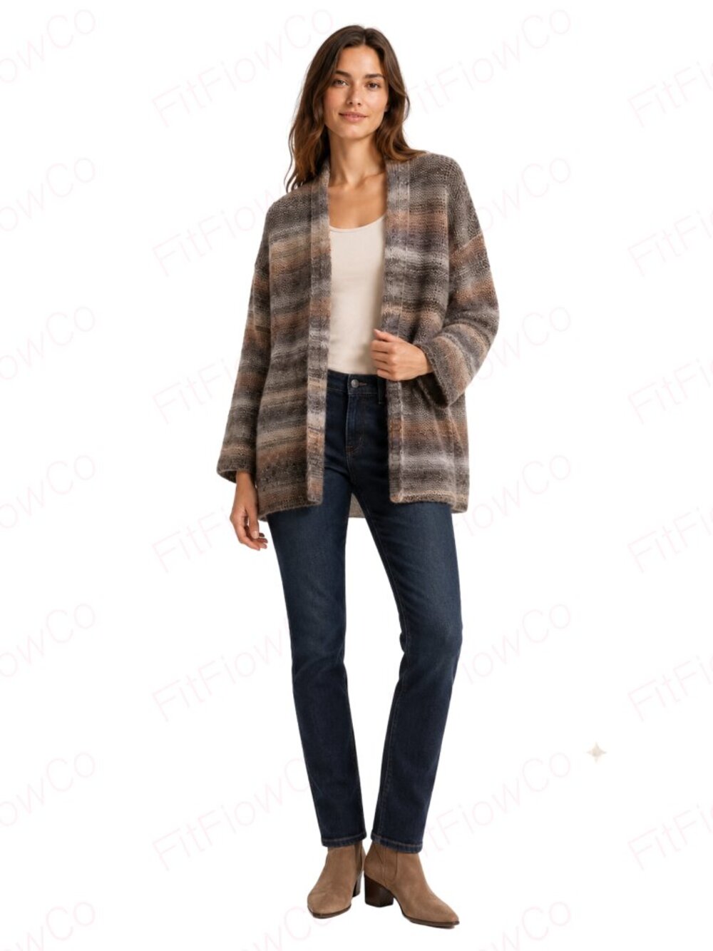 Benetton Wool Blend Open Front Cardigan M/L Neutral Stripe